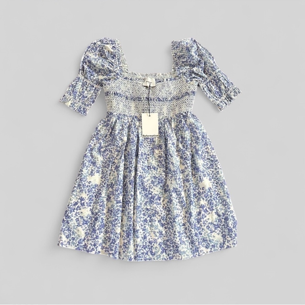 Reformation Dione Maddie Blue Floral Smocked Mini Dress Size 4 NWT - Picture 6 of 12
